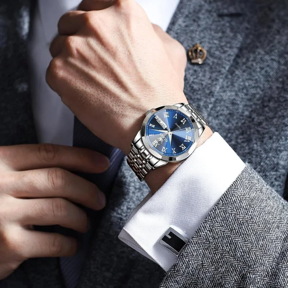 Olevs Men's Silver Blue Steel Stain Waterproof Stainless Luminous Stylish Watch